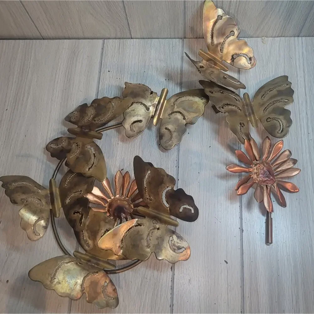 Vtg Brass Copper Butterfly & Daisy 2 Piece Gallery Wall Art Decor MCM Farmhouse